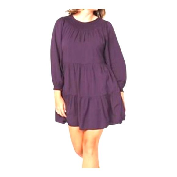 Old Navy Mini Dress M Purple Smocked Tiered Long Sleeve Boho Cotton Blend Pocket - Picture 2 of 15